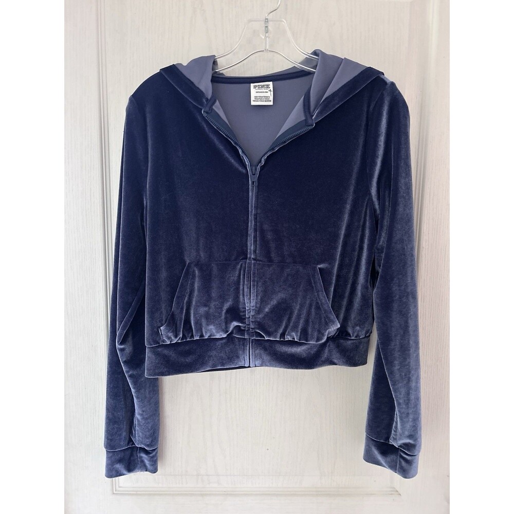 PINK Victoria's Secret Velour Cropped Hoodie Blue Velvet Y2K Rhinestone Small - Picture 13 of 13